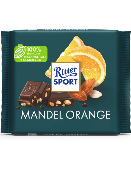 Ritter Sport Mandel Orange - Темний шоколад з подрібненим мигдалем, апельсинами та лісовими горіхами, 100 г