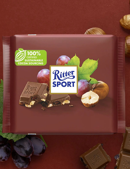 Ritter Sport Trauben Nuss - Молочний шоколад з родзинками та лісовим горіхом, 100 г